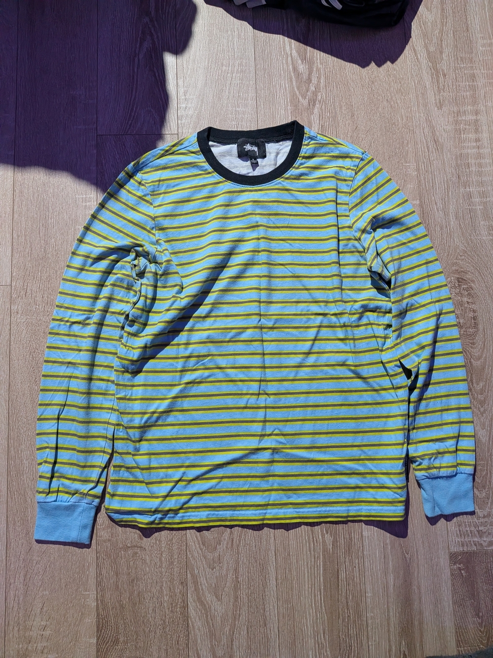 Stussy Striped Long-Sleeve Crewneck in Light Blue, Yellow & Black
